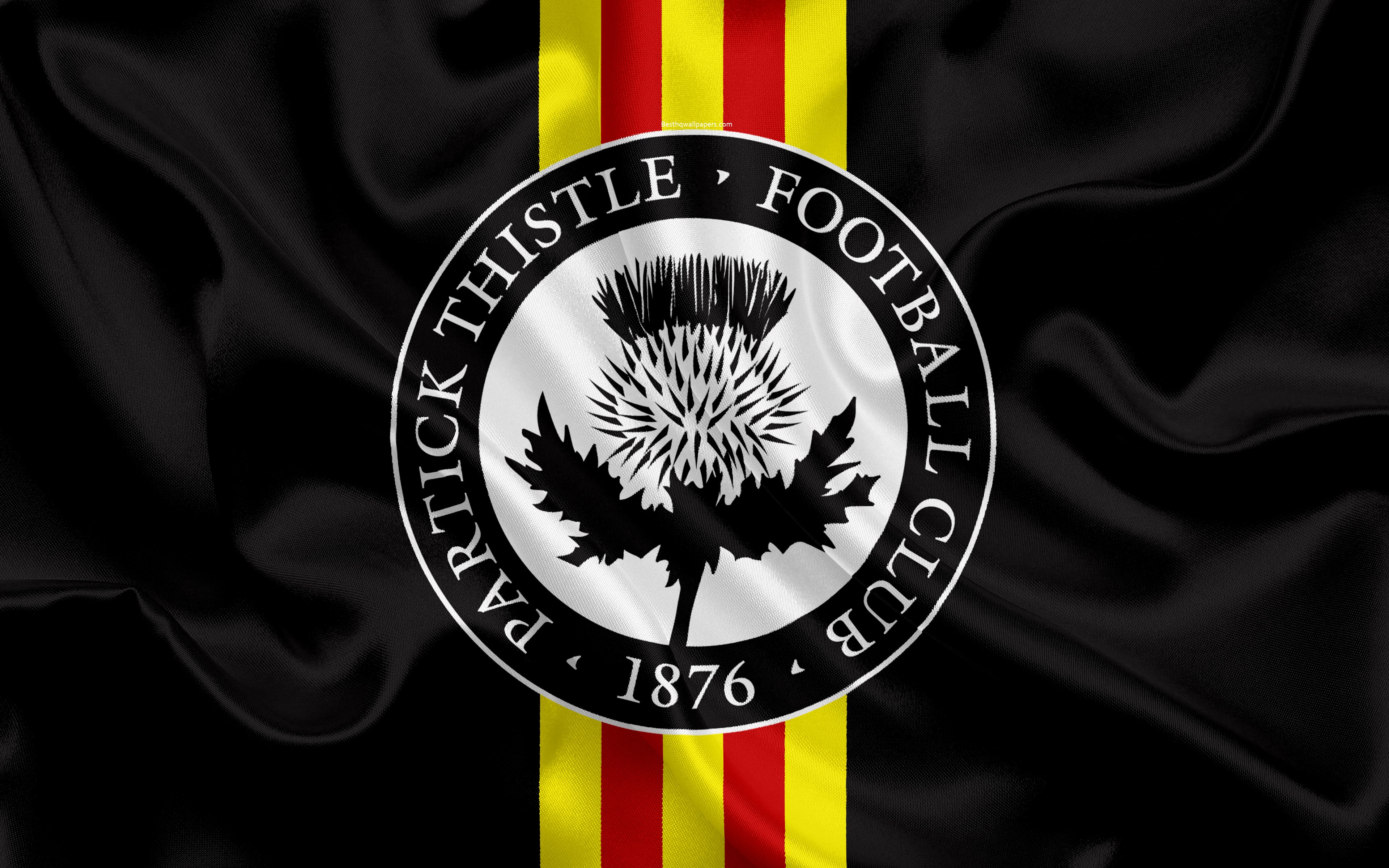 Partick Thistle FC, 4K, Scottish Football Club, logo, emblem, Scottish Premiership, football, Glasgow, Scotland, UK, silk flag, Scottish Football Championship