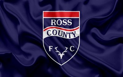 Ross County FC, 4K, Scottish Football Club, logo, emblem, Scottish Premiership, football, Dingwall, Scotland, UK, silk flag, Scottish Football Championship