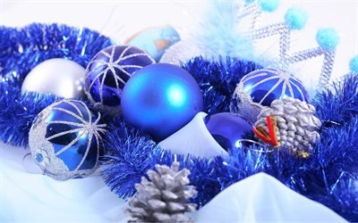 Christmas, blue Christmas balls, decorations, New Year 2018, cones