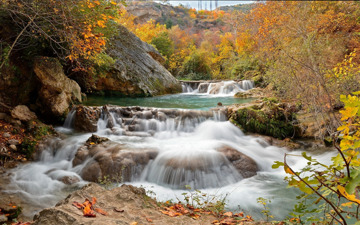 mountain river, autumn, waterfalls, rapids, yellow trees, mountain landscape