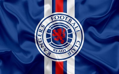 Rangers FC, 4K, Scottish Football Club, logo, emblem, Scottish Premiership, football, Glasgow, Scotland, UK, silk flag, Scottish Football Championship