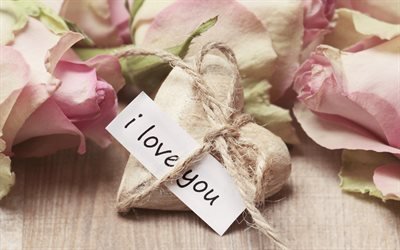 Rakastan sinua, romanttinen tapetti, puinen syd&#228;n, ruusut, romantiikkaa