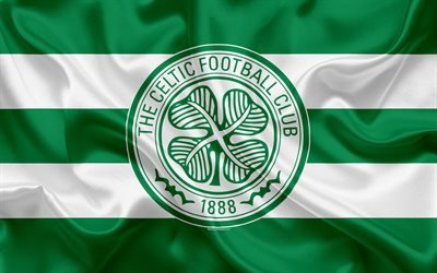 Celtic FC, 4K, Scottish Football Club, logo, emblem, Scottish Premiership, football, Glasgow, Scotland, UK, silk flag, Scottish Football Championship