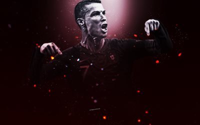 Cristiano Ronaldo, 4k, el equipo nacional de f&#250;tbol, Portugal, nacional futbolista, futbolista portugu&#233;s, el delantero, el mundo, la estrella del f&#250;tbol, cara, retrato, CR7, efectos de iluminaci&#243;n, fondo rojo, jugadores de f&#250;tbol,