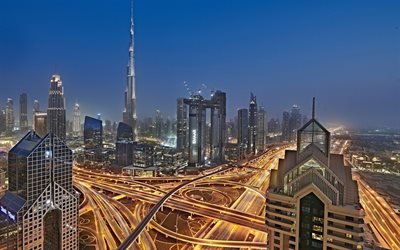D&#252;nyada Dubai, Birleşik Arap Emirlikleri, g&#246;kdelenler, akşam, modern şehir, Burj Khalifa, en y&#252;ksek binası