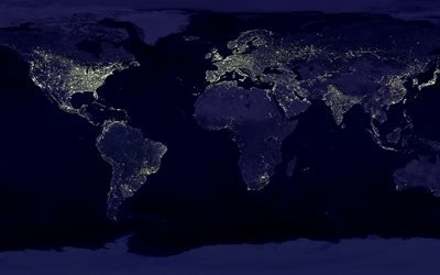 V&#228;rldskarta, natt, stadens ljus, Jorden p&#229; natten, vy fr&#229;n rymden, bakgrund, Jorden