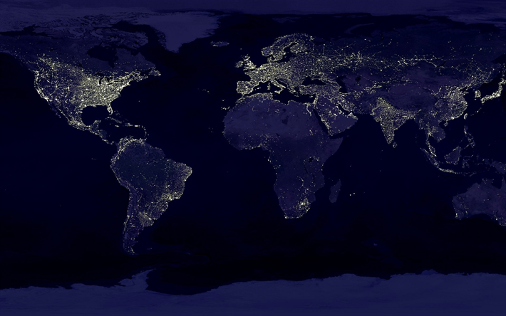World Map, night, city lights, Earth at night, view from space, light, Earth