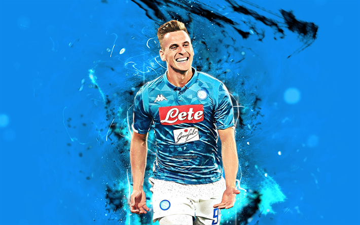 Milik, striker, polish footballers, Napoli FC, blue background, soccer, Serie A, Arkadiusz Milik, football, neon lights