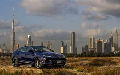 Lamborghini Urus, 2019, deportes crossover, coche deportivo, azul nuevo Urus, Dubai, Burj Khalifa, el rascacielos, EMIRATOS &#225;rabes unidos