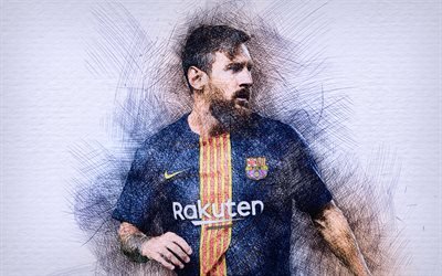 Messi, artwork, football stars, Barcelona, soccer, La Liga, Barca, footballers, drawing Lionel Messi, FC Barcelona, spanish club, Spain, Argentine footballers, Lionel Messi