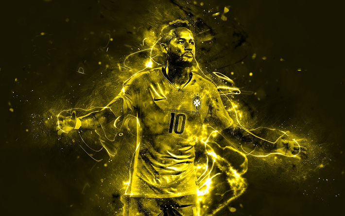 Neymar, amarillo ne&#243;n, la selecci&#243;n de Brasil, fan art, fondo amarillo, las estrellas del f&#250;tbol, Neymar JR, el f&#250;tbol, la alegr&#237;a, la creatividad, las luces de ne&#243;n, la selecci&#243;n Brasile&#241;a de f&#250;tbol