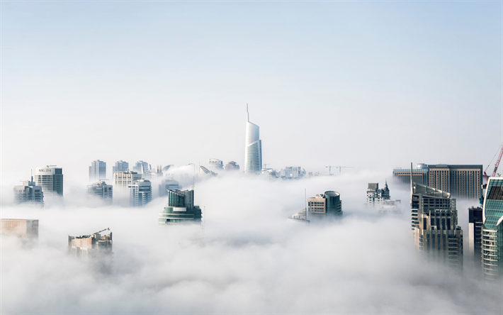 4k, Dubai, EMIRADOS &#225;rabes unidos, paisagens de cidade, nevoeiro, nuvens, arranha-c&#233;us, Emirados &#193;rabes Unidos