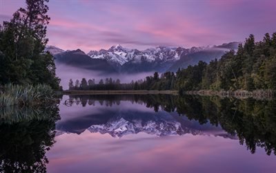 Lake Matheson, morning, sunrise, mountain lake, forest, mountain landscape, Southern Alps, New Zealand
