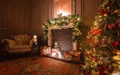 Natal interior, noite, lareira, &#193;rvore de natal, decora&#231;&#245;es, Natal, Ano Novo