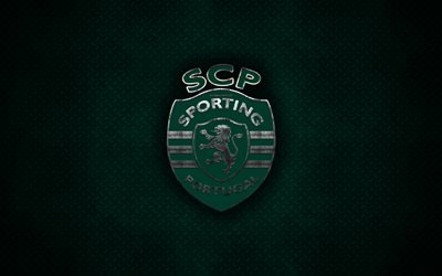Sporting CP, 4k, logo de metal, arte creativo, portuguesa f&#250;tbol club, con el emblema de metal verde de fondo, Lisboa, Portugal, el Sporting de