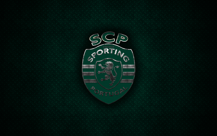 Sporting CP, 4k, المعادن الشعار, الفنون الإبداعية, البرتغالي لكرة القدم, شعار, الأخضر خلفية معدنية, لشبونة, البرتغال, الرياضية