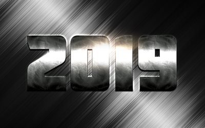 2019 year, steel numbers, New Year, 2019 concepts, silver metal background, steel texture, creative art