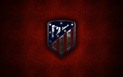 Atletico Madrid, metall-logotyp, nya logotyp, kreativ konst, Spansk fotbollsklubb, nya emblem, red metal bakgrund, Ligan, Madrid, Spanien, fotboll