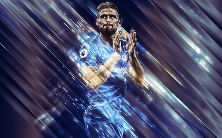Olivier Giroud, 4k, arte creativo, hojas de estilo, futbolista franc&#233;s, el Chelsea FC de la Premier League, Inglaterra, el delantero, creativo azul de fondo, f&#250;tbol, Giroud