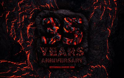 4k, 35 Years Anniversary, fire lava letters, 35th anniversary sign, 35th anniversary, grunge background, anniversary concepts
