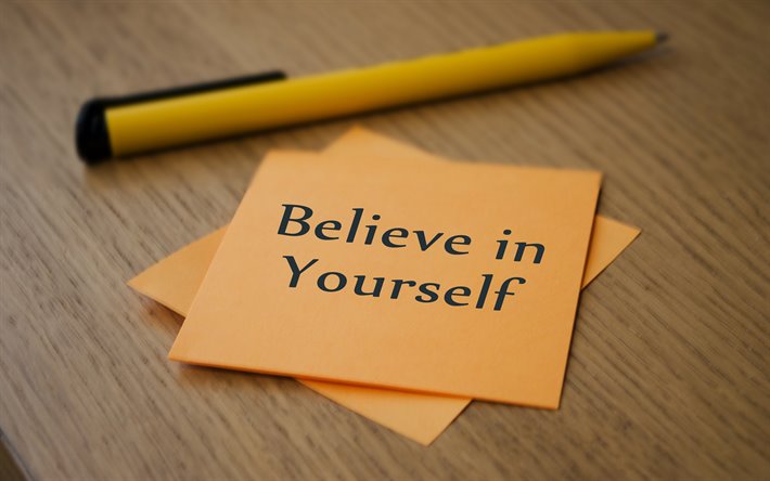 Acredite em si mesmo, motiva&#231;&#227;o cota&#231;&#245;es, inspira&#231;&#227;o, notas de papel, laranja folhas de papel