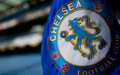 Chelsea FC, logo on the flag, football stadium, Stamford Bridge, London, England, Chelsea logo, Premier League