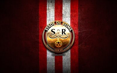 Stade de Reims FC, golden logotyp, Liga 1, red metal bakgrund, fotboll, Stade de Reims, franska fotbollsklubben, Stade de Reims-logotyp, Frankrike