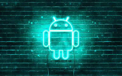 Android turchese logo, 4k, turchese, brickwall, logo Android, marche, Android neon logo Android