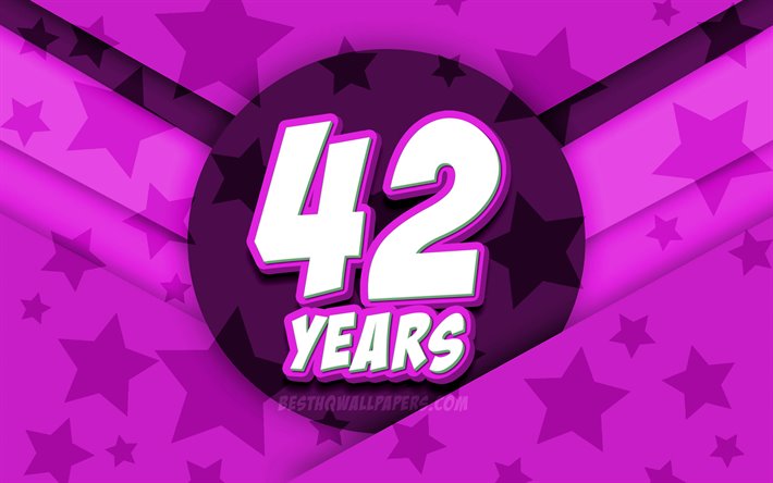 4k, 嬉しい42歳の誕生日, コミック3D文字, 誕生パーティー, 紫星の背景, 第42回誕生パーティー, 作品, 誕生日プ, 42歳の誕生日