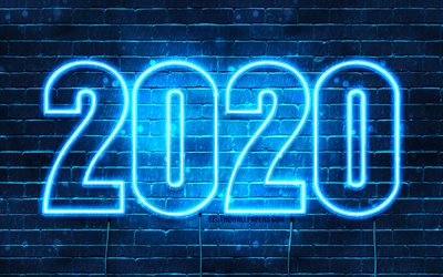 Happy New Year 2020, Blue brickwall, 4k, 2020 concepts, 2020 Blue neon digits, 2020 on Blue background, abstract art, 2020 neon art, creative, 2020 year digits