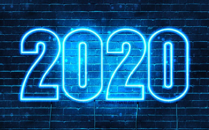 Happy New Year 2020, Blue brickwall, 4k, 2020 concepts, 2020 Blue neon digits, 2020 on Blue background, abstract art, 2020 neon art, creative, 2020 year digits