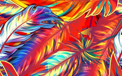 colorful feathers texture, 4k, abstract art, feathers backgrounds, background with feathers, feathers textures, colorful feathers background, feathers patterns