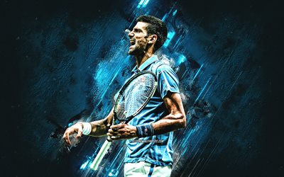 Novak Djokovic, Tenista s&#233;rvio, ATP, T&#234;nis, retrato, a pedra azul de fundo, arte criativa