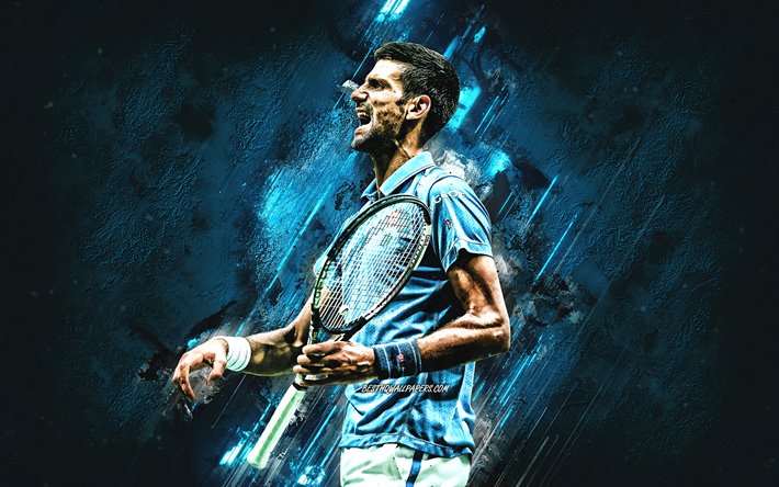 Novak Djokovic, Serbiska tennisspelaren, ATP, Tennis, portr&#228;tt, bl&#229; sten bakgrund, kreativ konst