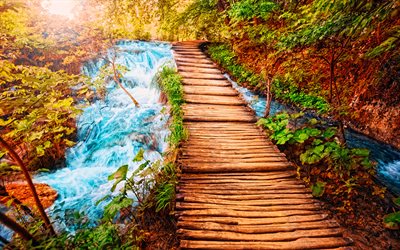Cro&#225;cia, outono, Parque Nacional Dos Lagos Plitvice, cachoeiras, bela natureza, caminho, HDR, Croata marcos, Croata natureza, Europa