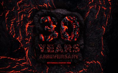4k, 30 Years Anniversary, fire lava letters, 30th anniversary sign, 30th anniversary, grunge background, anniversary concepts