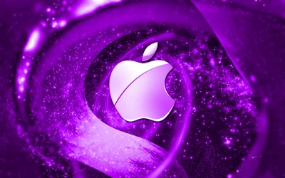 Apple violet logo, space, creative, Apple, stars, Apple logo, digital art, violet background
