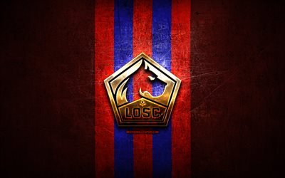 LOSC Lille, golden logo, Ligue 1, red metal background, football, french football club, LOSC Lille logo, soccer, France