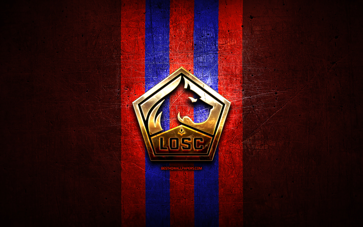 O LOSC Lille, ouro logotipo, Liga 1, vermelho de metal de fundo, futebol, clube de futebol franc&#234;s, O LOSC Lille logotipo, Fran&#231;a