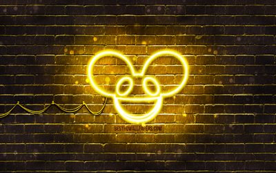 Deadmau5 yellow logo, 4k, superstars, canadian DJs, yellow brickwall, Deadmau5 logo, Joel Thomas Zimmerman, music stars, Deadmau5 neon logo, Deadmau5