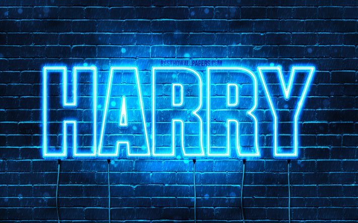 Harry, 4k, tapeter med namn, &#246;vergripande text, Harry namn, bl&#229;tt neonljus, bilden med Harry namn