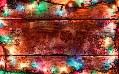 christmas lanterns frame, 4k, wooden background, christmas decorations, new year garland frame, Happy New Year, colorful flashlights frame, new year concepts, flashlights