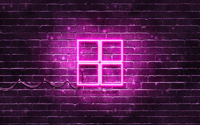 Microsoft purple logo, 4k, purple brickwall, Microsoft logo, brands, Microsoft neon logo, Microsoft