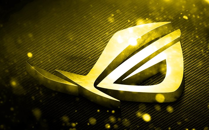 RoG logo amarillo, arte 3D, Rep&#250;blica de Jugadores, de metal amarillo de fondo, RoG logo en 3D, ASUS, creativo, RoG