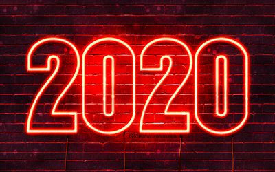 Happy New Year 2020, Red brickwall, 4k, 2020 concepts, 2020 Red neon digits, 2020 on Red background, abstract art, 2020 neon art, creative, 2020 year digits