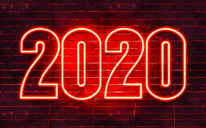 Bonne et heureuse Ann&#233;e 2020, Rouge brickwall, 4k, 2020 concepts, 2020 n&#233;on Rouge chiffres, 2020 sur fond Rouge, de l&#39;art abstrait, 2020 neon art, la cr&#233;ativit&#233;, l&#39;an 2020 chiffres