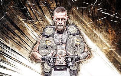 Conor McGregor, 4k, grunge art, american fighters, MMA, UFC, brown abstract rays, Mixed martial arts, Conor McGregor with belts, UFC fighters, Conor Anthony McGregor, MMA fighters