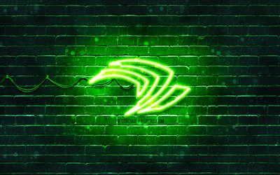 nvidia green-logo, 4k, brickwall green, nvidia logo, marken, nvidia neon-logo, nvidia