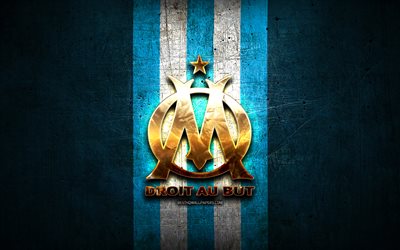 Olympique Marseille, kultainen logo, League 1, sininen metalli tausta, jalkapallo, Olympic Marseille FC, ranskan football club, Olympique Marseille-logo, Ranska, OM