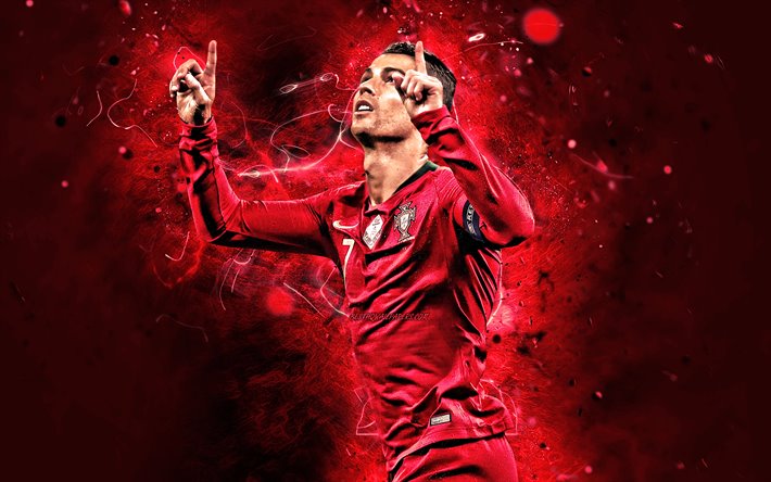 Cristiano Ronaldo, 2019, red uniform, Portugal National Team, goal, soccer, CR7, Portuguese football team, Ronaldo, red neon lights, Cristiano Ronaldo dos Santos Aveiro
